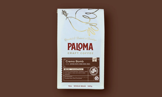 Our Crema Bomb signature coffee, 100% 'peaberry' coffee beans, medium espresso roast, grown by award-winning Daterra Estates in Minas Gerais, Brazil. Roasted by Paloma Craft Coffee
